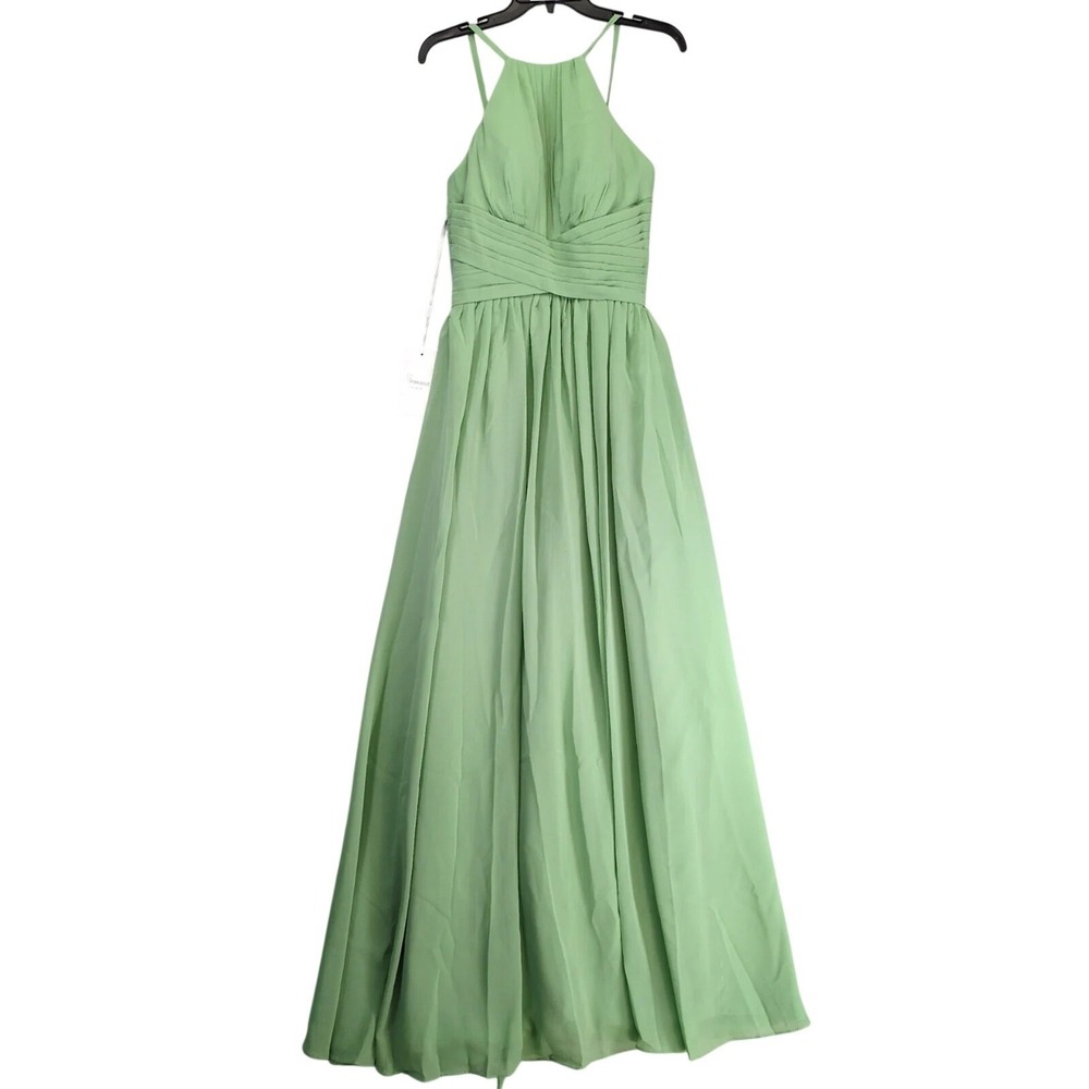 NWT Homuguz Green Chiffon Maxi Dress Sz M Halter Lace Up Back Formal Prom Fairy